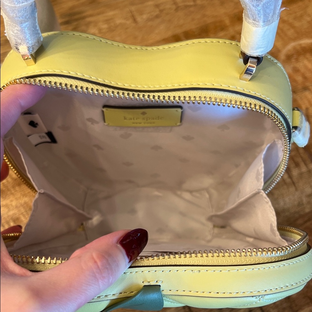 kate spade โ ๏ธ pale yellow quilted heart mini satchel with green leaf ๐ ๐ - Picture 10 of 14